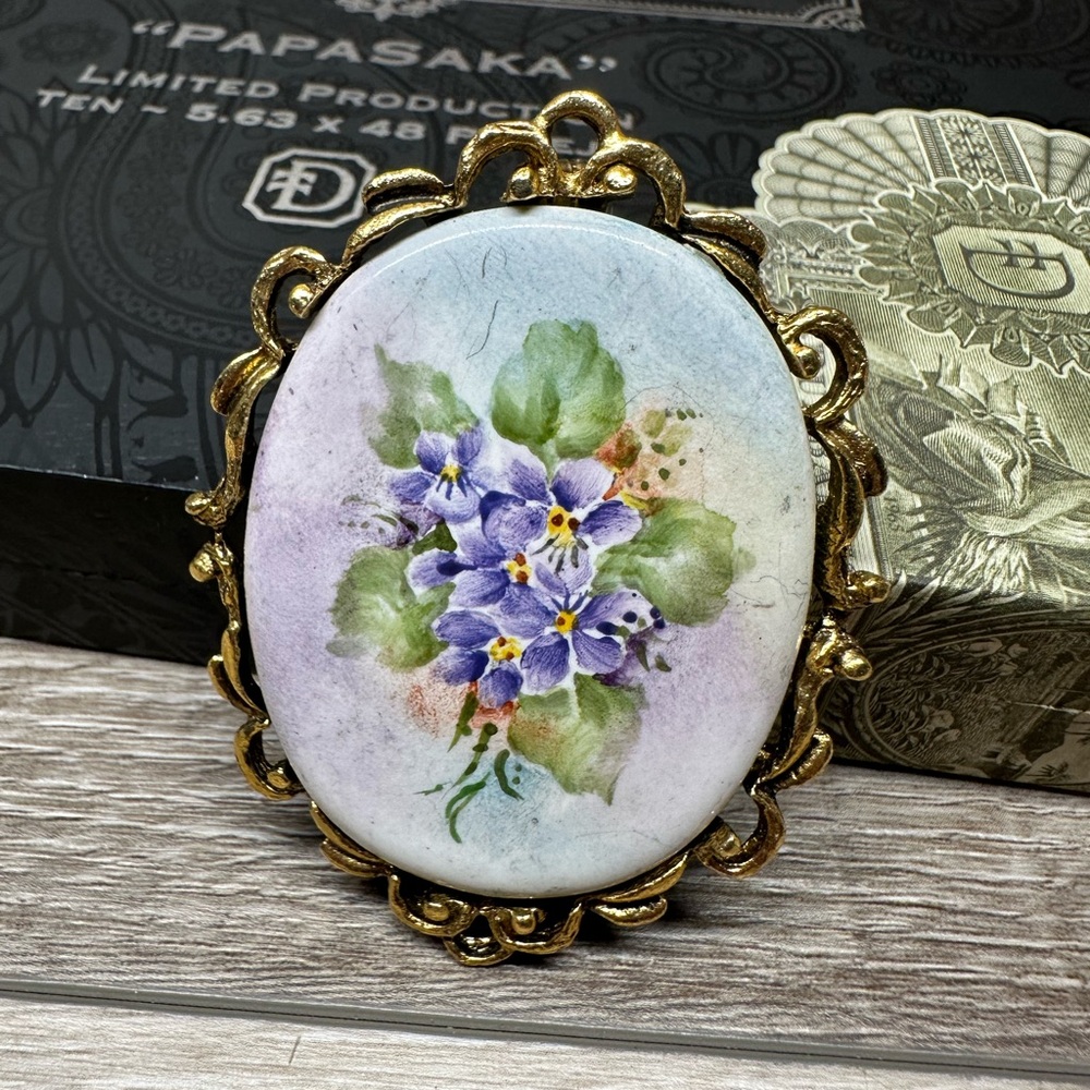 Rare Vintage Hand Painted Violets on a Porcelain Brooch Set in A Gold Tone Metal